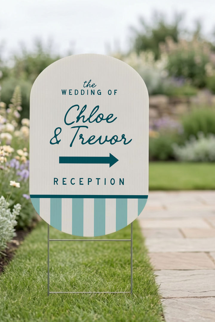 The Cabana Directional striped wedding yard sign in Deep End #Color_Deep End