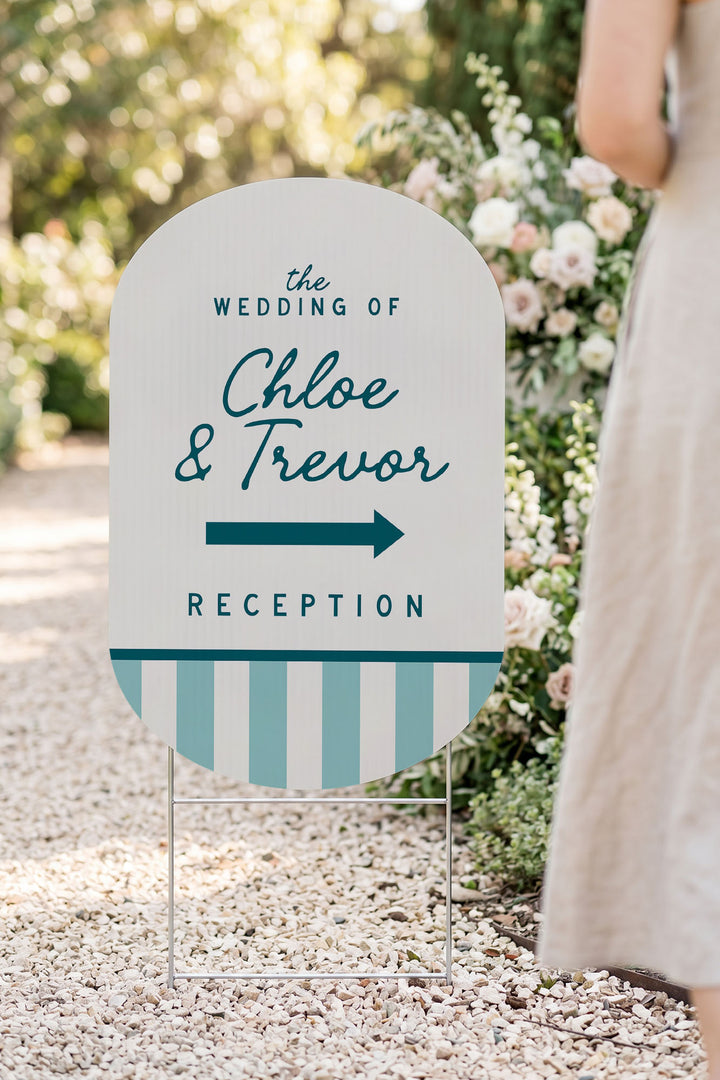 The Cabana Directional striped wedding yard sign in Deep End #Color_Deep End