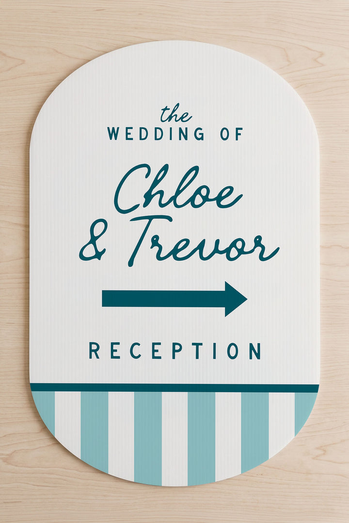 The Cabana Directional striped wedding yard sign in Deep End #Color_Deep End