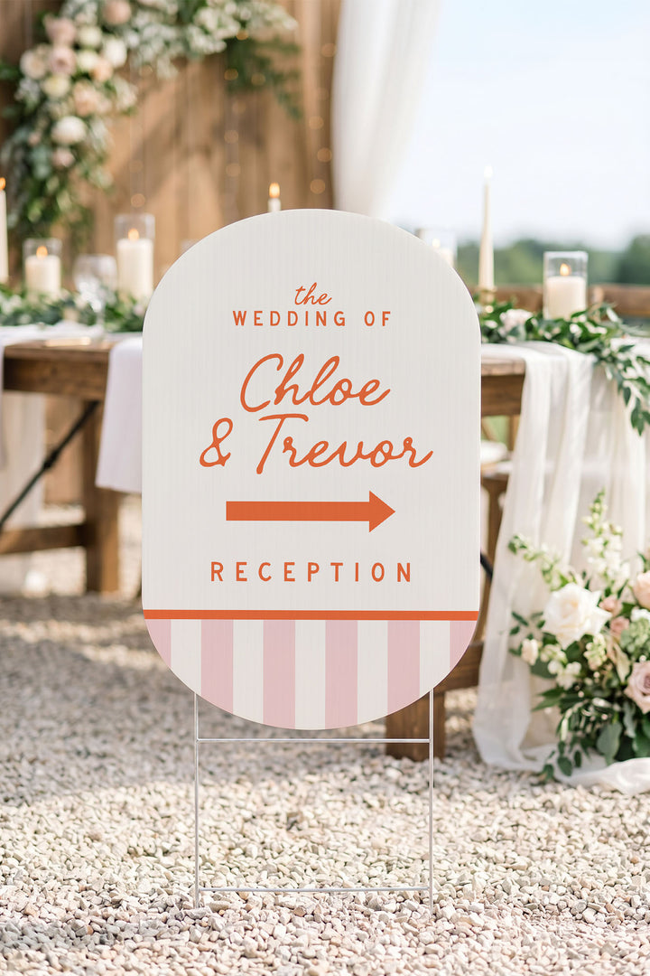 The Cabana Directional striped wedding yard sign in Tangerine #Color_Tangerine