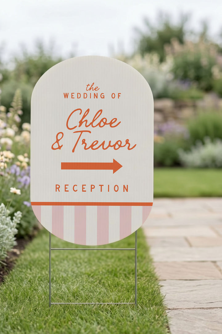 The Cabana Directional striped wedding yard sign in Tangerine #Color_Tangerine