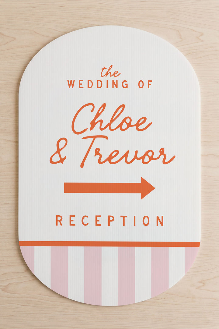 The Cabana Directional striped wedding yard sign in Tangerine #Color_Tangerine