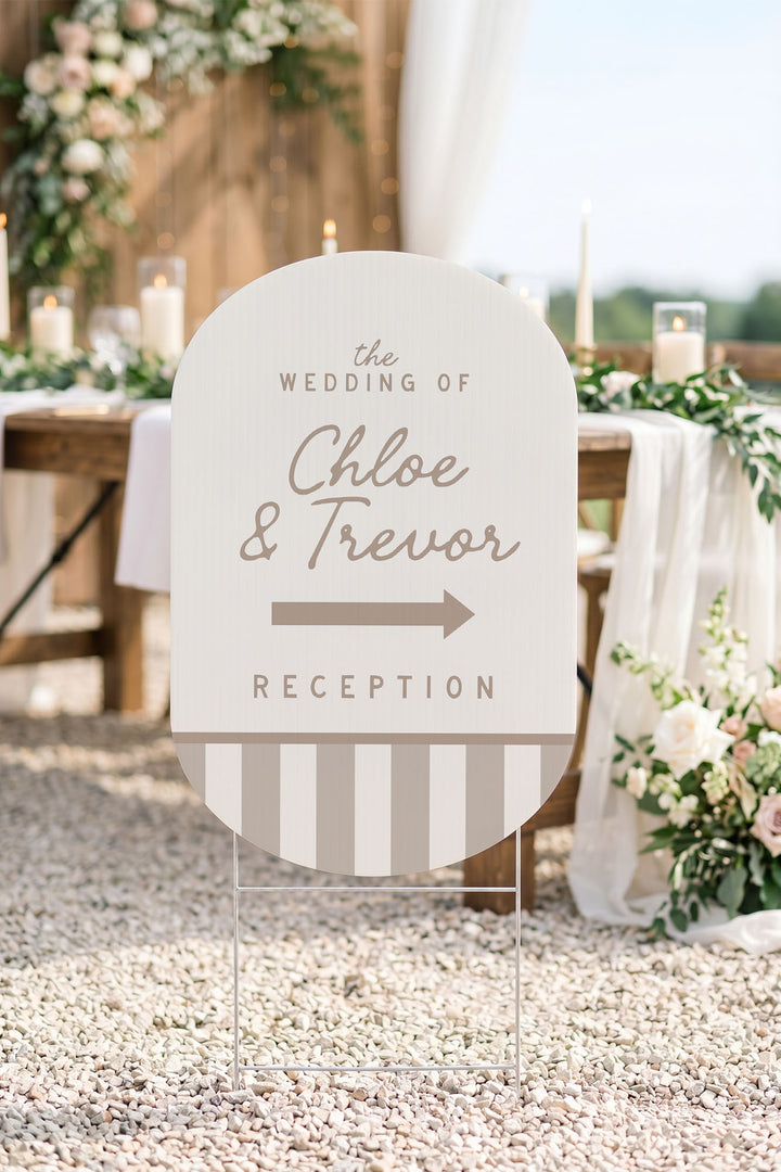 The Cabana Directional striped wedding yard sign in Teak #Color_Teak