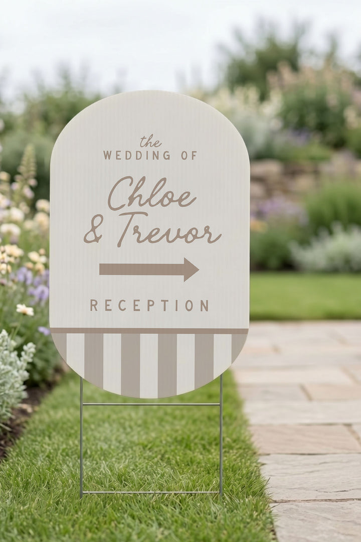 The Cabana Directional striped wedding yard sign in Teak #Color_Teak