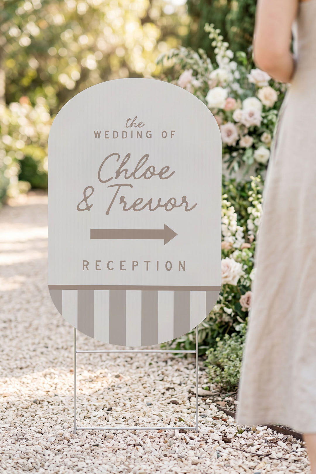 The Cabana Directional striped wedding yard sign in Teak #Color_Teak