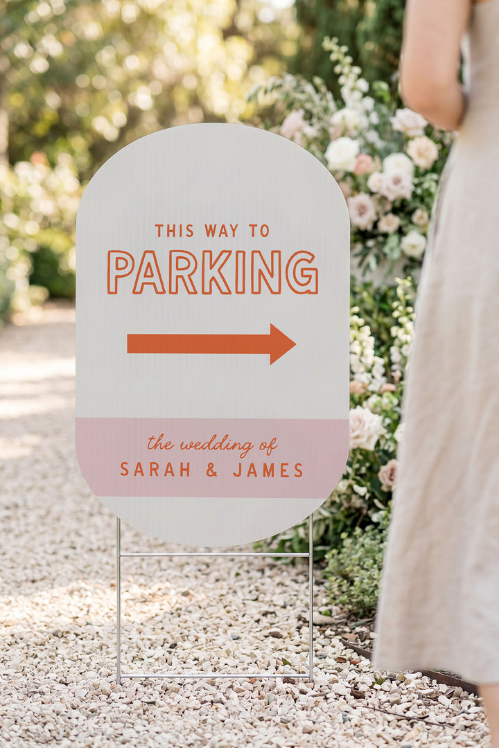 The Cabana Directional this way to wedding yard sign in Tangerine #Color_Tangerine