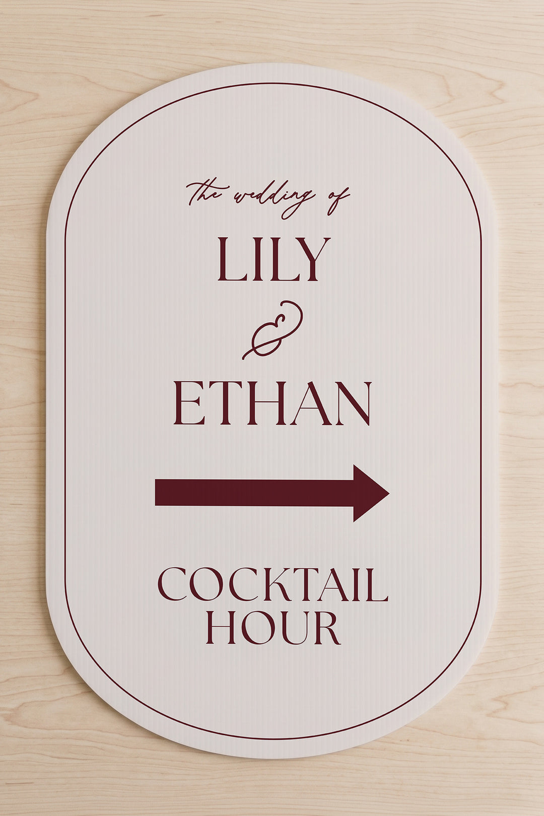 Linen off white pill wedding directional yard sign shown flat, the couple's names above the arrow #Color_Linen