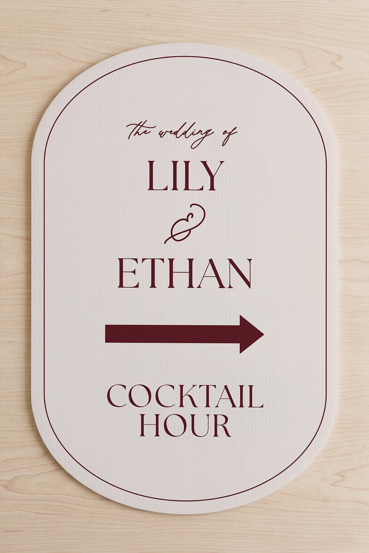 Linen off white pill wedding directional yard sign shown flat, the couple's names above the arrow #Color_Linen
