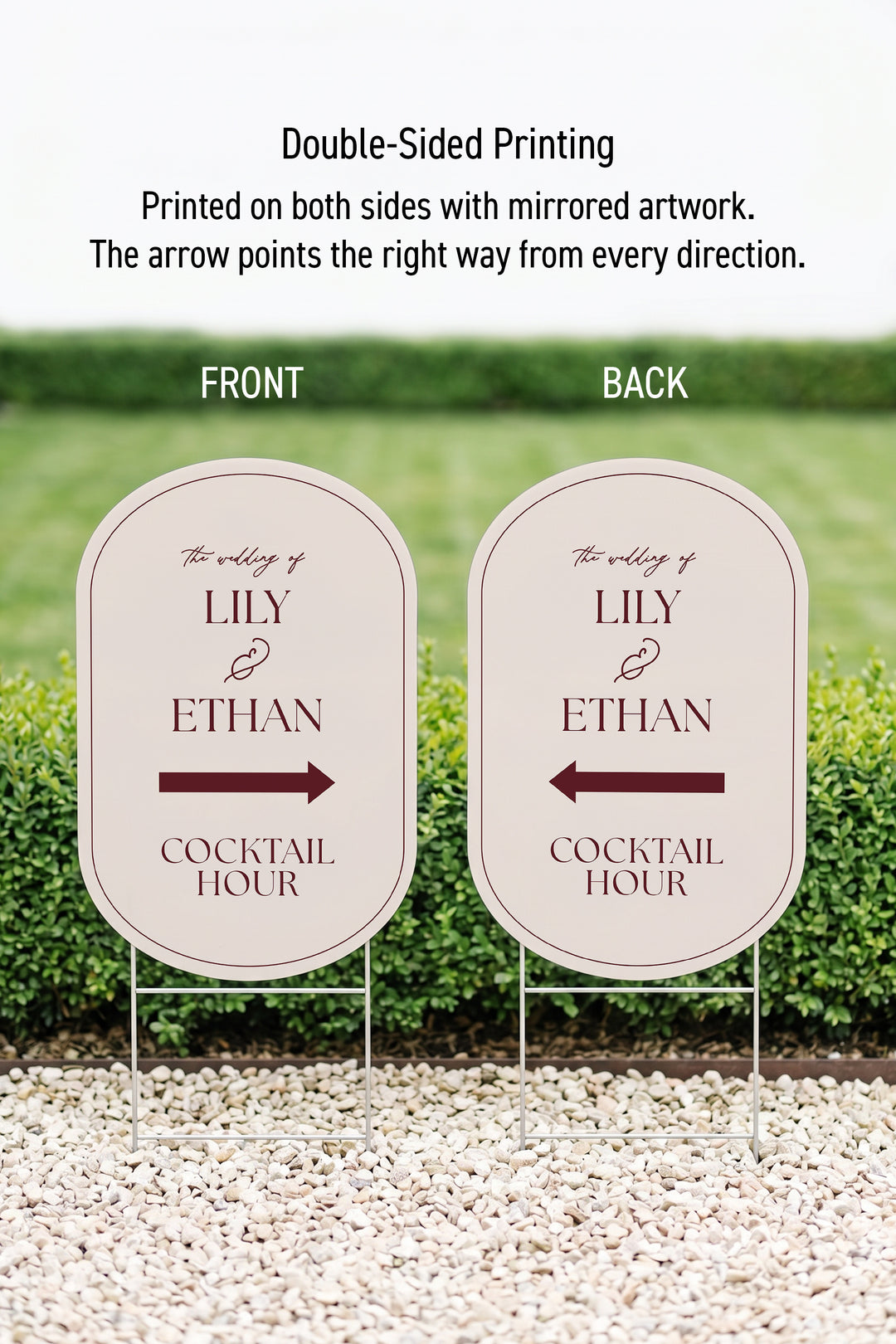 Linen off white pill wedding directional yard sign front and back, showing the mirrored arrow #Color_Linen
