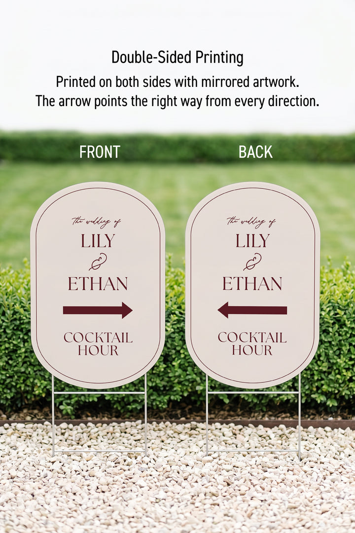 Linen off white pill wedding directional yard sign front and back, showing the mirrored arrow #Color_Linen