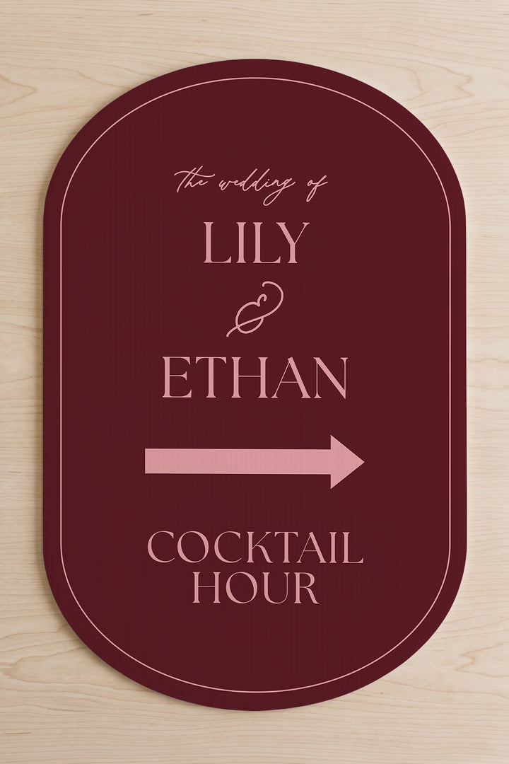 Merlot pill wedding directional yard sign shown flat, the couple's names above the arrow #Color_Merlot