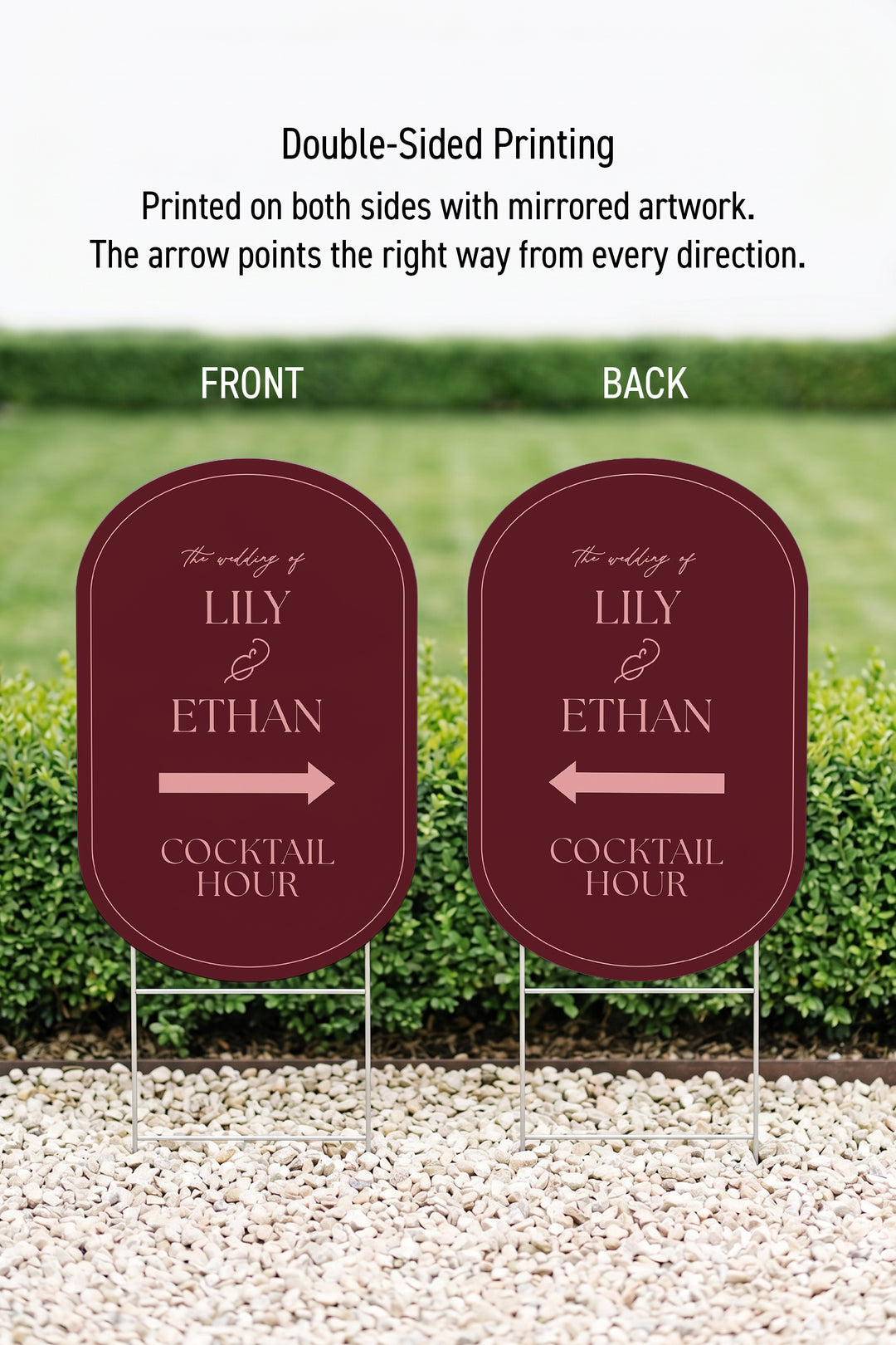 Merlot pill wedding directional yard sign front and back, showing the mirrored arrow #Color_Merlot