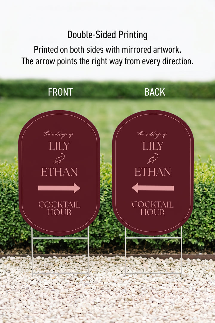 Merlot pill wedding directional yard sign front and back, showing the mirrored arrow #Color_Merlot