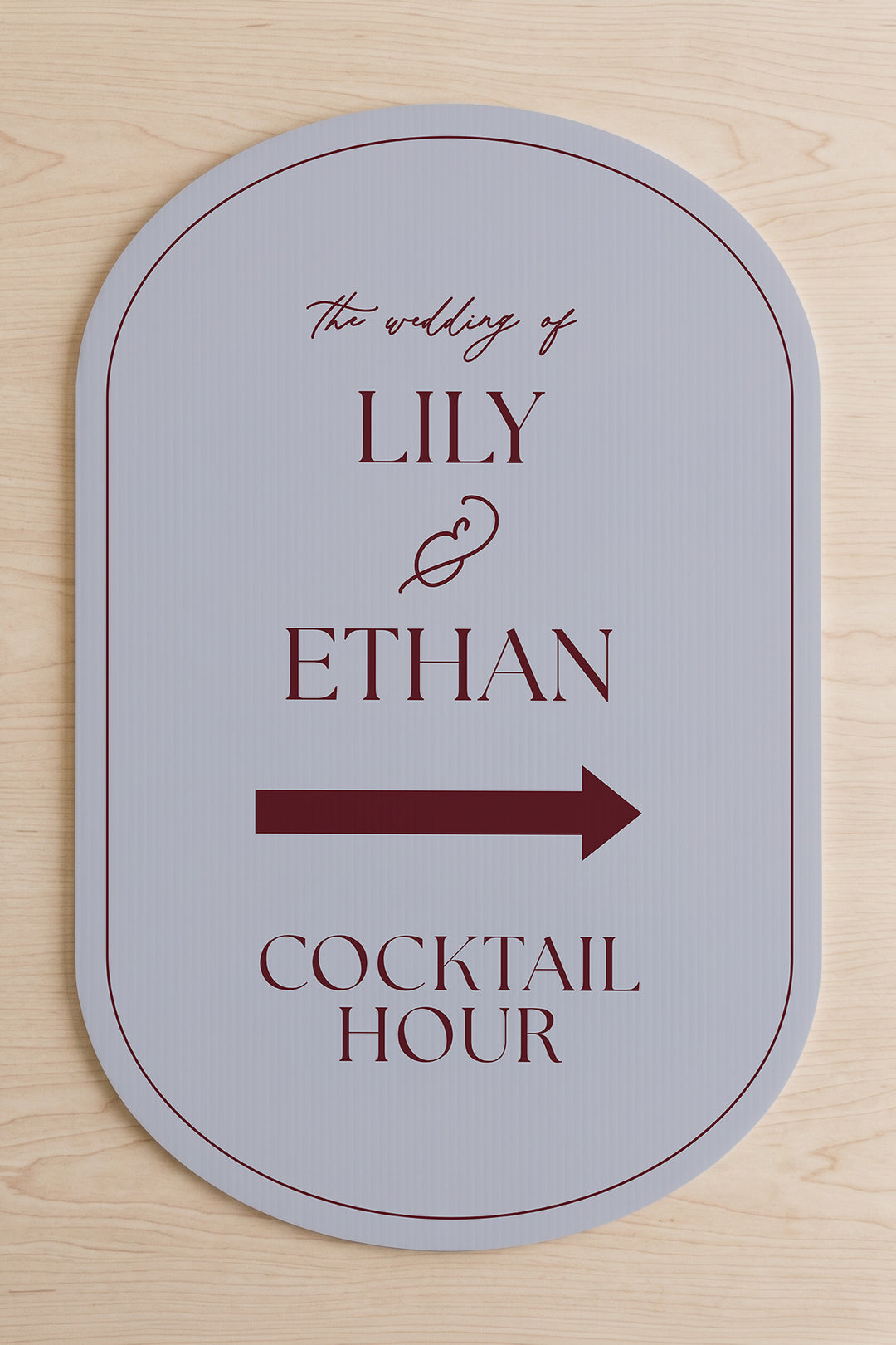 Pewter grey pill wedding directional yard sign shown flat, the couple's names above the arrow #Color_Pewter