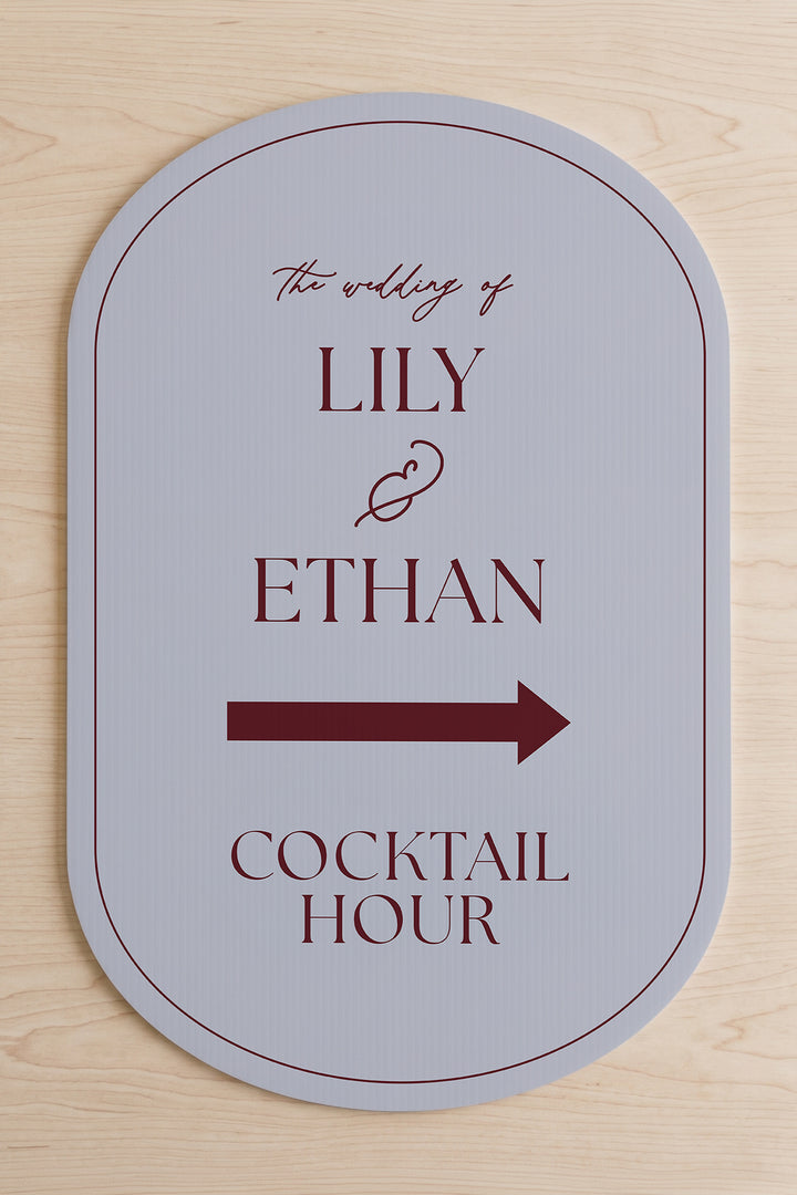 Pewter grey pill wedding directional yard sign shown flat, the couple's names above the arrow #Color_Pewter