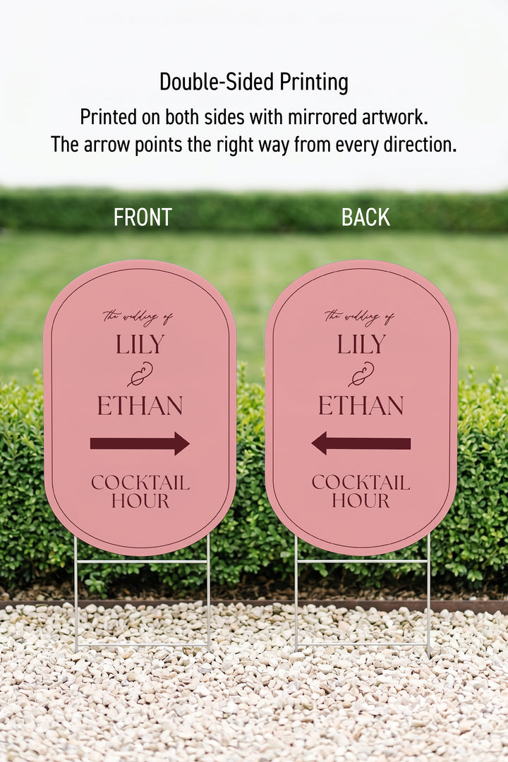 Rosé pink pill wedding directional yard sign front and back, showing the mirrored arrow #Color_Rosé