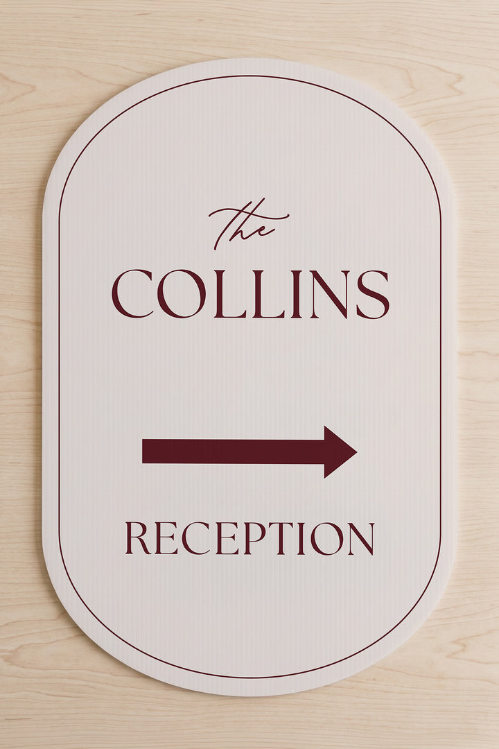Linen off white pill wedding directional yard sign shown flat, the family name above the arrow #Color_Linen