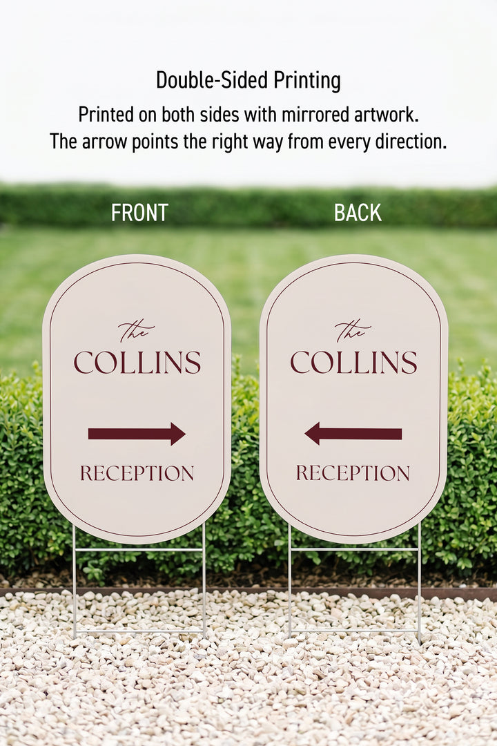Linen off white pill wedding directional yard sign front and back, showing the mirrored arrow #Color_Linen