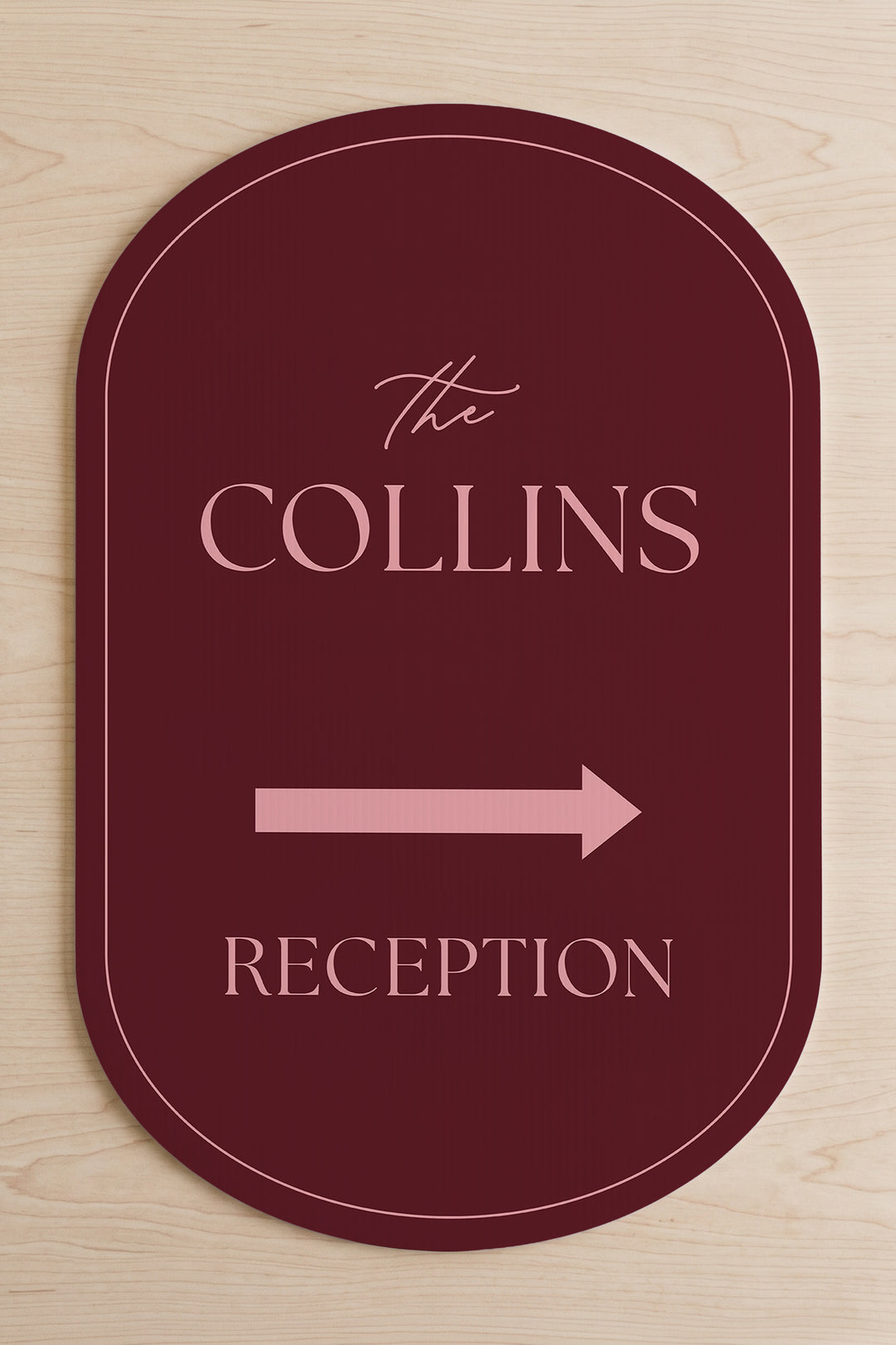 Merlot pill wedding directional yard sign shown flat, the family name above the arrow #Color_Merlot