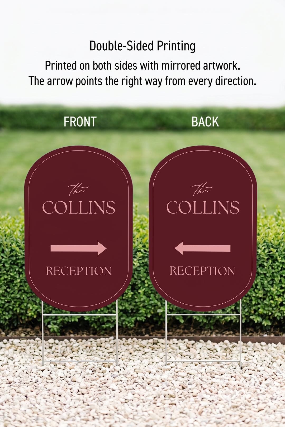 Merlot pill wedding directional yard sign front and back, showing the mirrored arrow #Color_Merlot