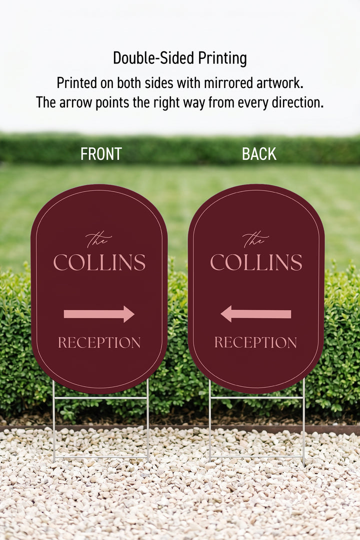 Merlot pill wedding directional yard sign front and back, showing the mirrored arrow #Color_Merlot