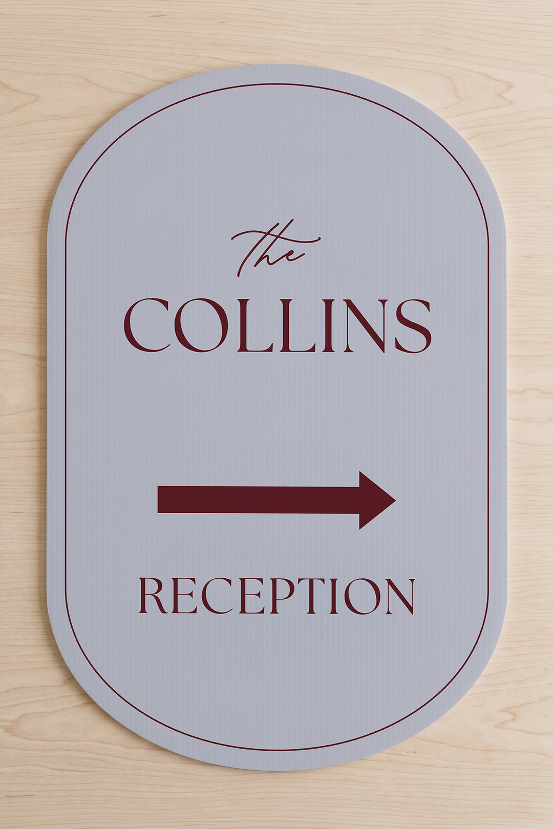 Pewter grey pill wedding directional yard sign shown flat, the family name above the arrow #Color_Pewter