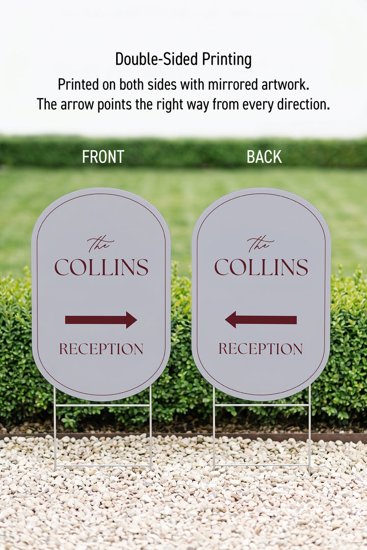 Pewter grey pill wedding directional yard sign front and back, showing the mirrored arrow #Color_Pewter