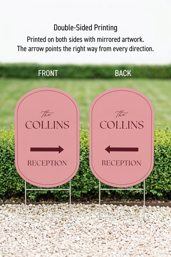 Rosé pink pill wedding directional yard sign front and back, showing the mirrored arrow #Color_Rosé