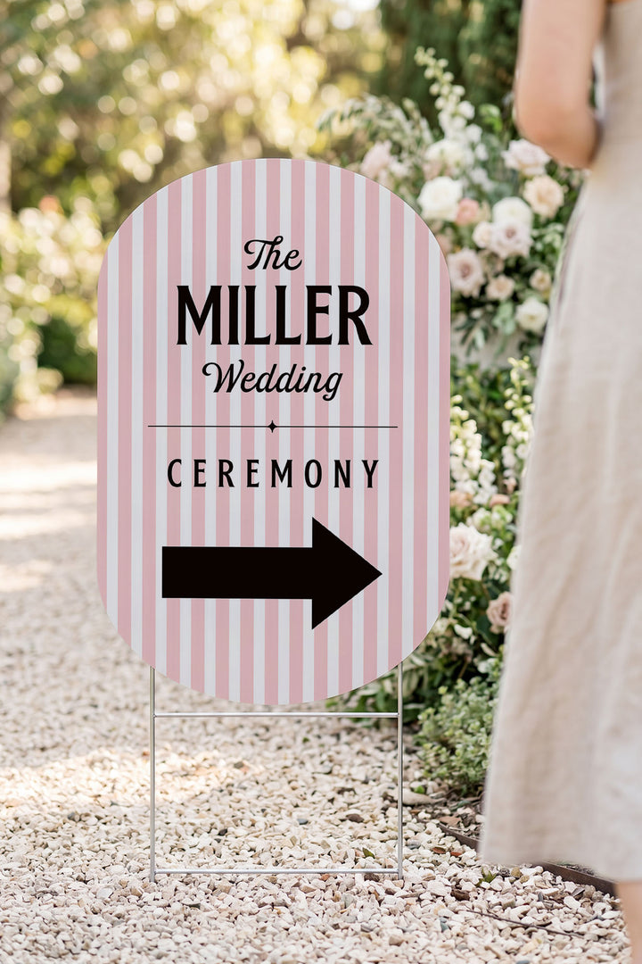 The Cabana Directional striped wedding yard sign in Poppy #Color_Poppy