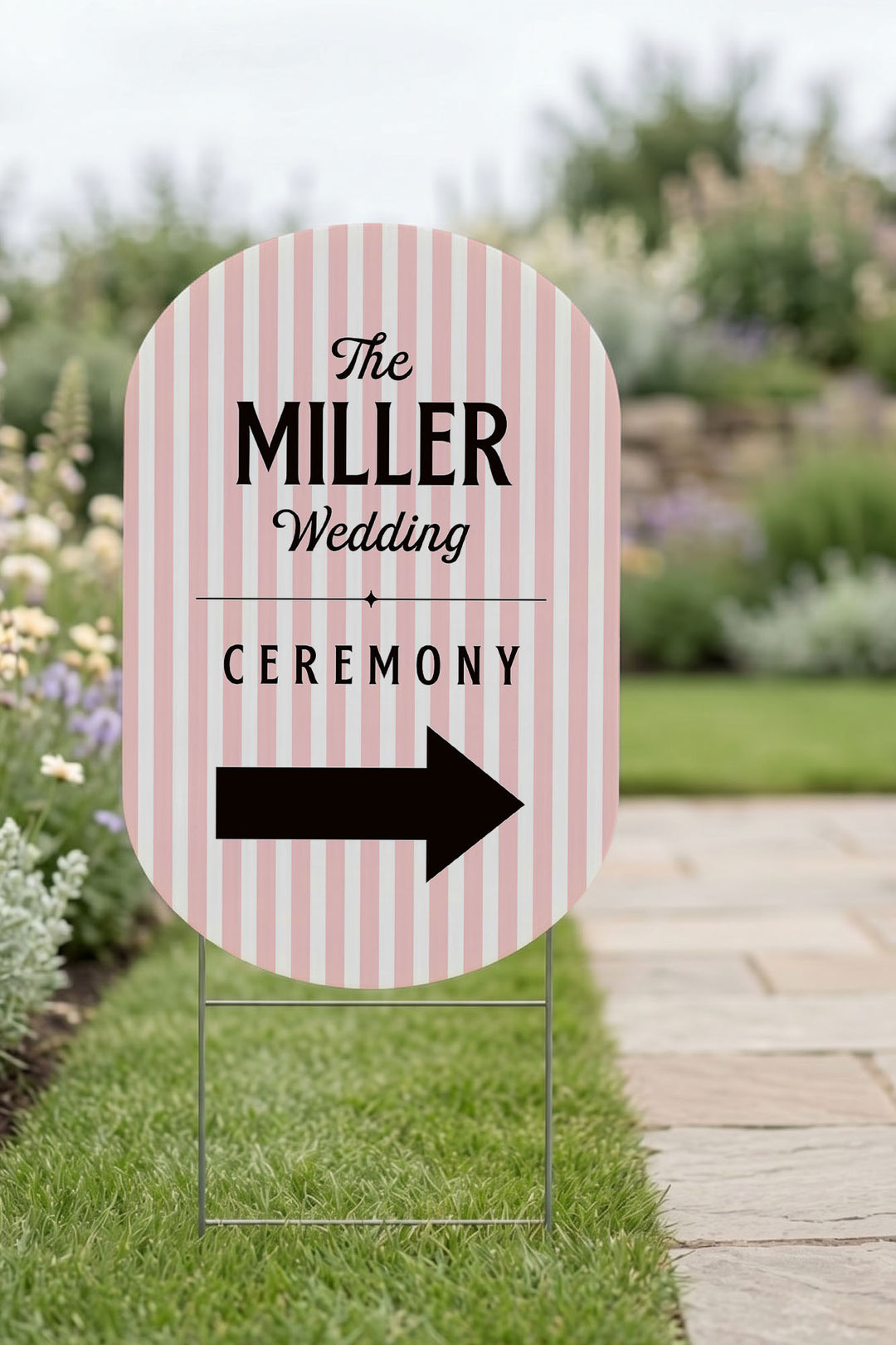 The Cabana Directional striped wedding yard sign in Poppy #Color_Poppy