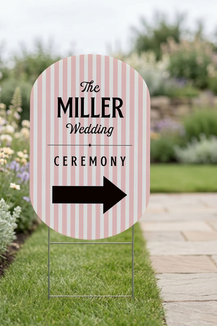 The Cabana Directional striped wedding yard sign in Poppy #Color_Poppy