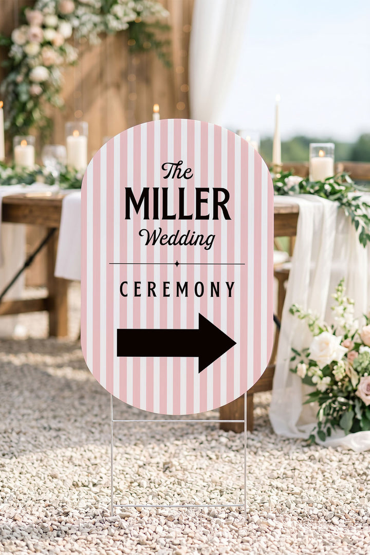 The Cabana Directional striped wedding yard sign in Poppy #Color_Poppy