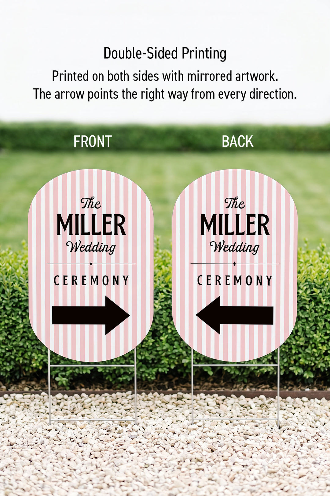 The Cabana Directional striped wedding yard sign in Poppy #Color_Poppy