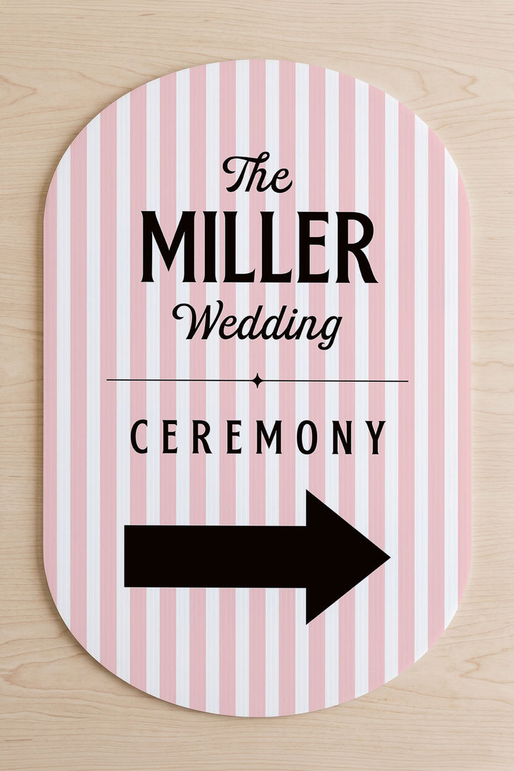 The Cabana Directional striped wedding yard sign in Poppy #Color_Poppy