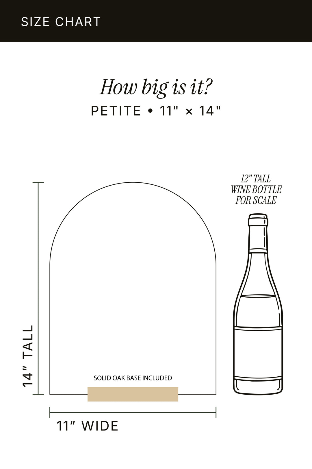 Size chart: 11 by 14 inch arch sign, stands 14.25 inches in the included solid oak base #shape_Arch