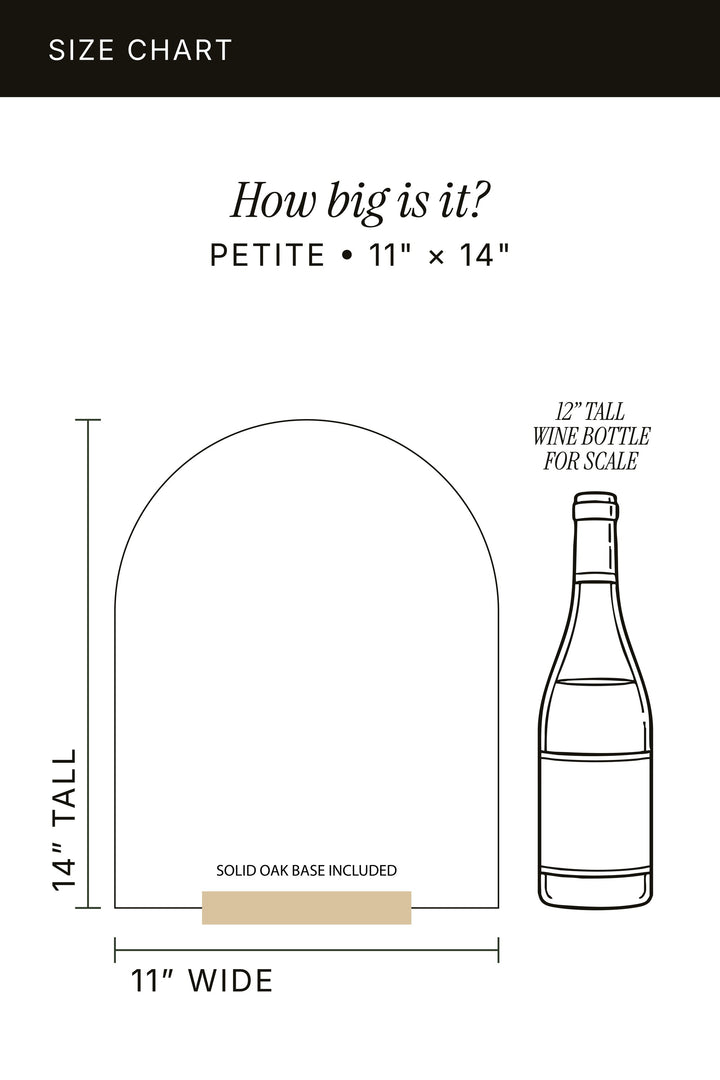 Size chart: 11 by 14 inch arch sign, stands 14.25 inches in the included solid oak base #shape_Arch