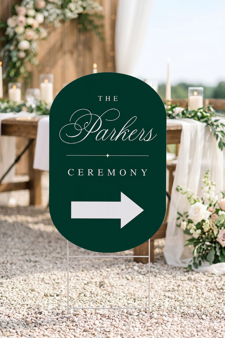 Emerald oval wedding directional sign at ceremony #color_Emerald