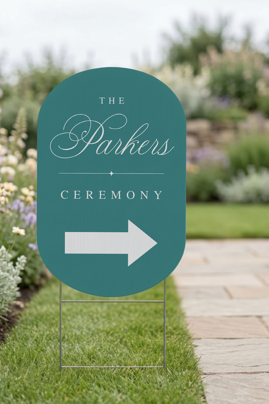 Eucalyptus oval wedding directional sign close up #color_Eucalyptus