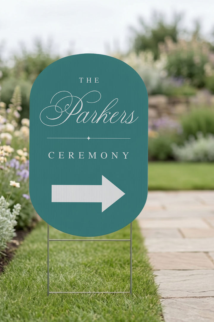 Eucalyptus oval wedding directional sign close up #color_Eucalyptus