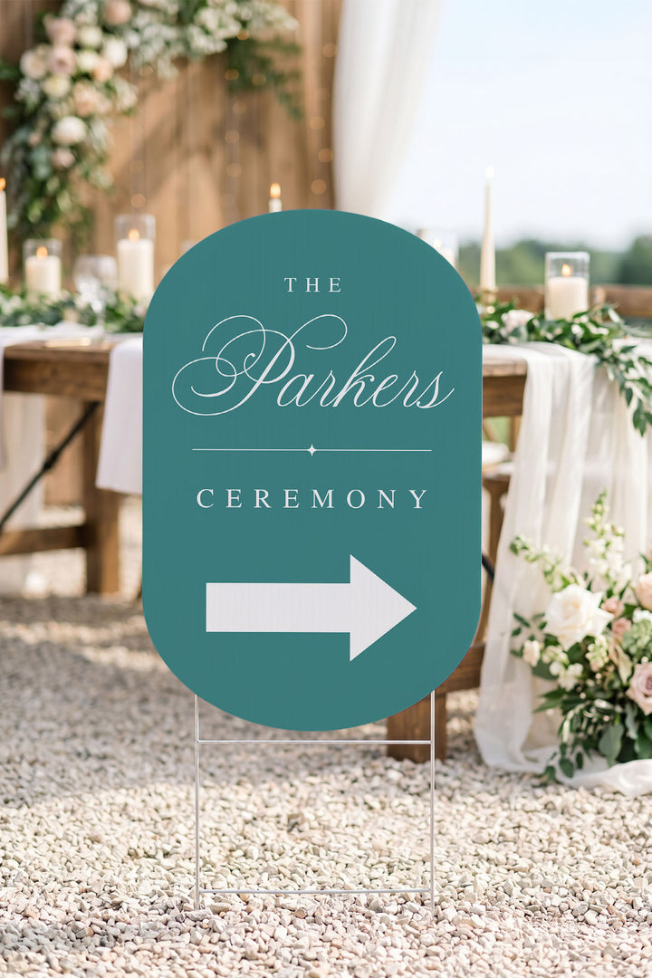 Eucalyptus oval wedding directional sign at ceremony #color_Eucalyptus