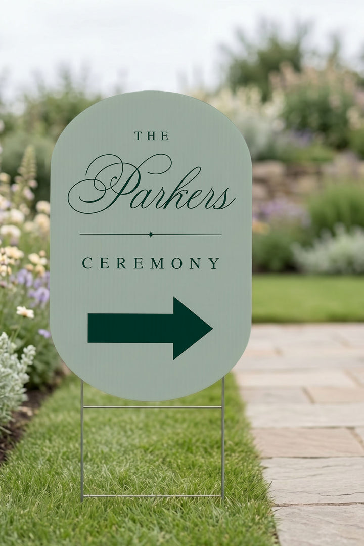 Sage oval wedding directional sign close up #color_Sage
