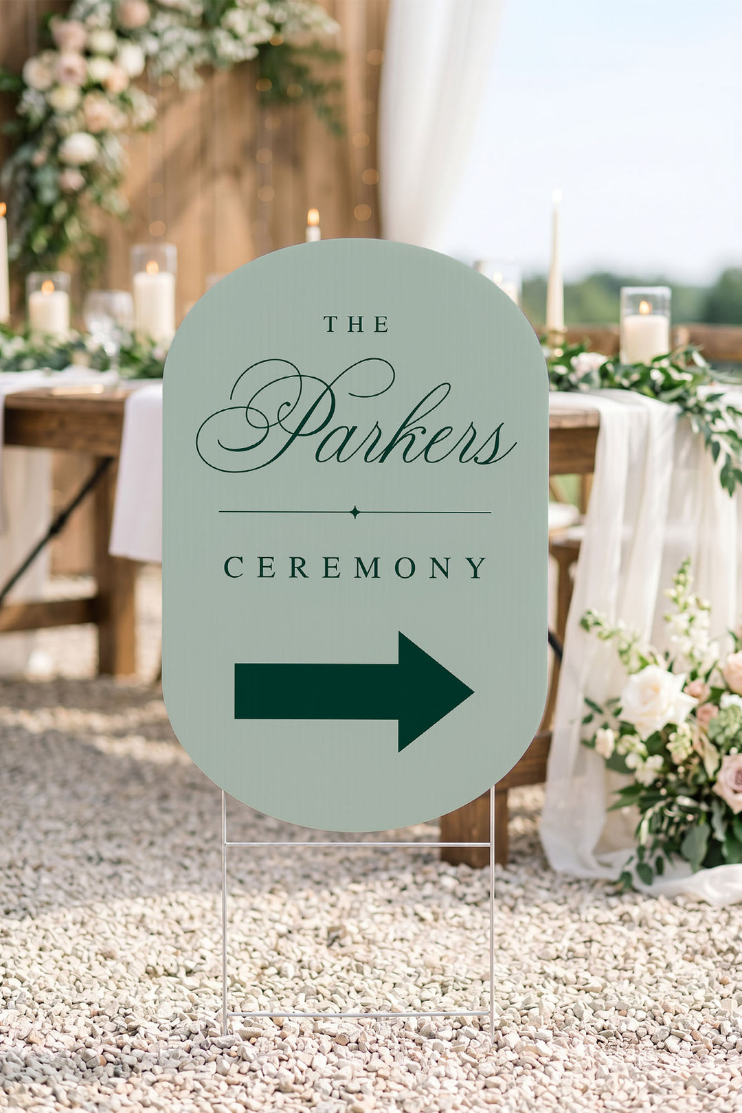 Sage oval wedding directional sign at ceremony #color_Sage