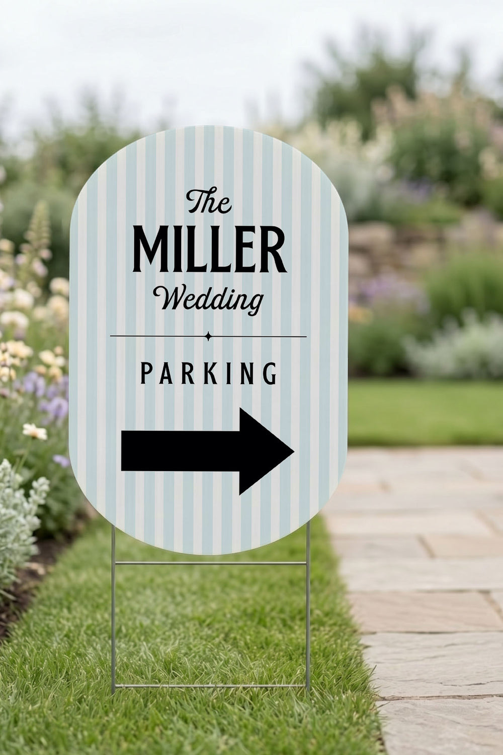 The Cabana Directional striped wedding yard sign in Sky #Color_Sky