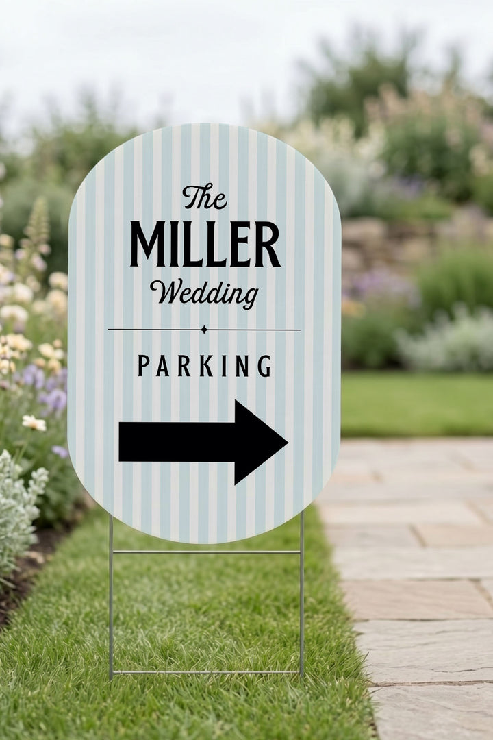 The Cabana Directional striped wedding yard sign in Sky #Color_Sky