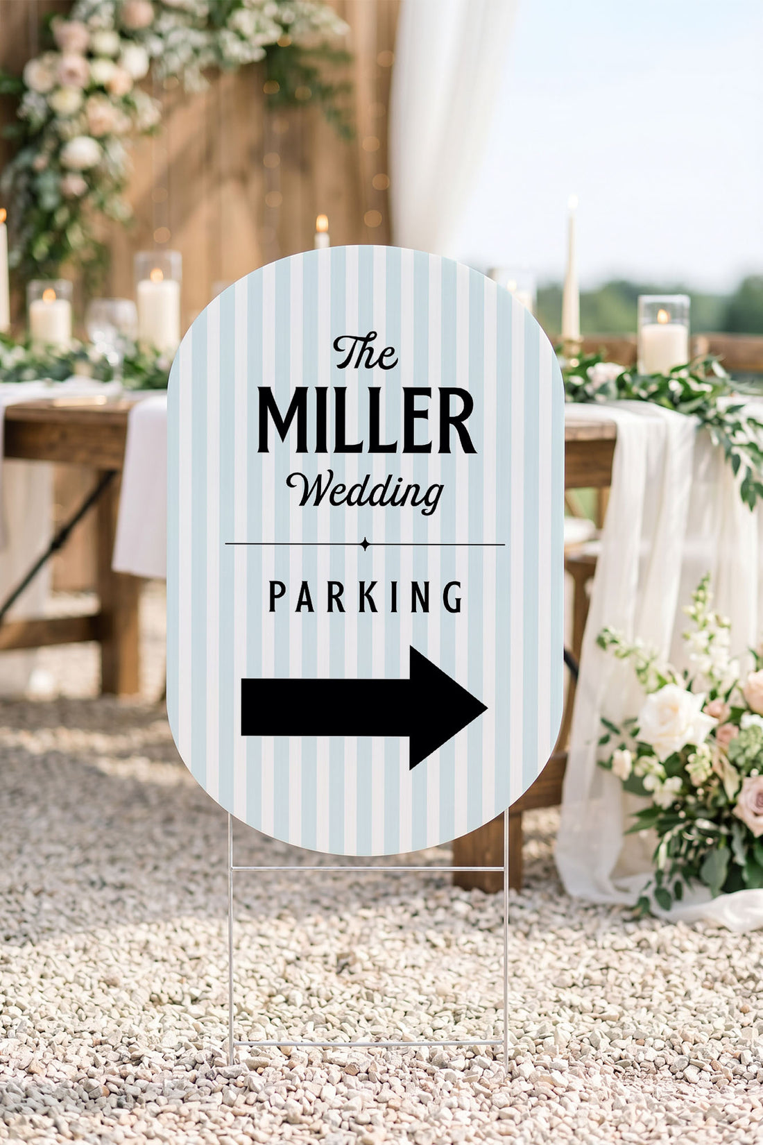 The Cabana Directional striped wedding yard sign in Sky #Color_Sky