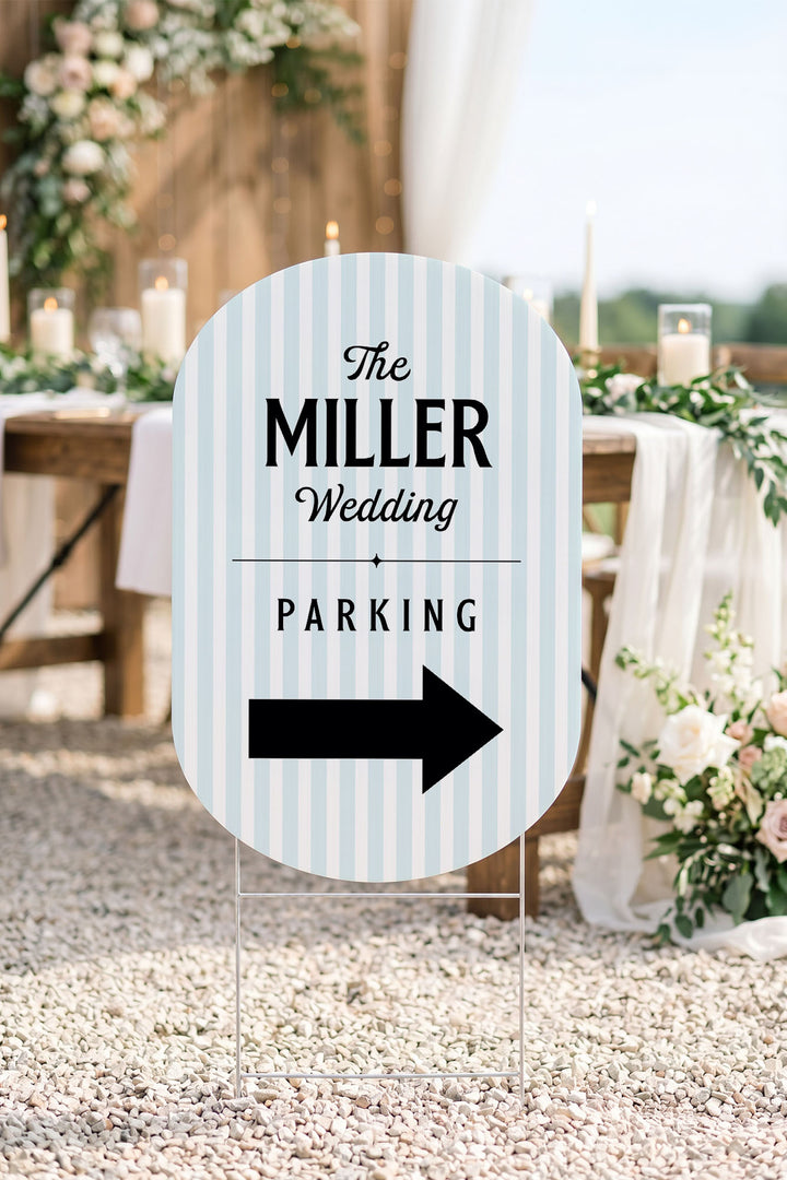 The Cabana Directional striped wedding yard sign in Sky #Color_Sky